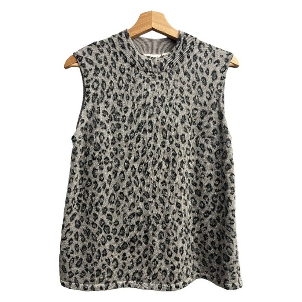 Vintage Kathie Lee 90s Gray Cheetah Knit Top Sleeveless Mock Neck Metallic L
